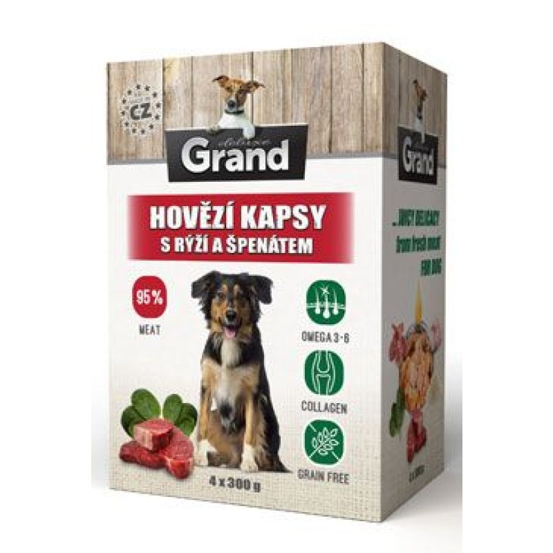 GRAND kaps. deluxe pes hovězí s rýží a špenát. 4 x 300 g