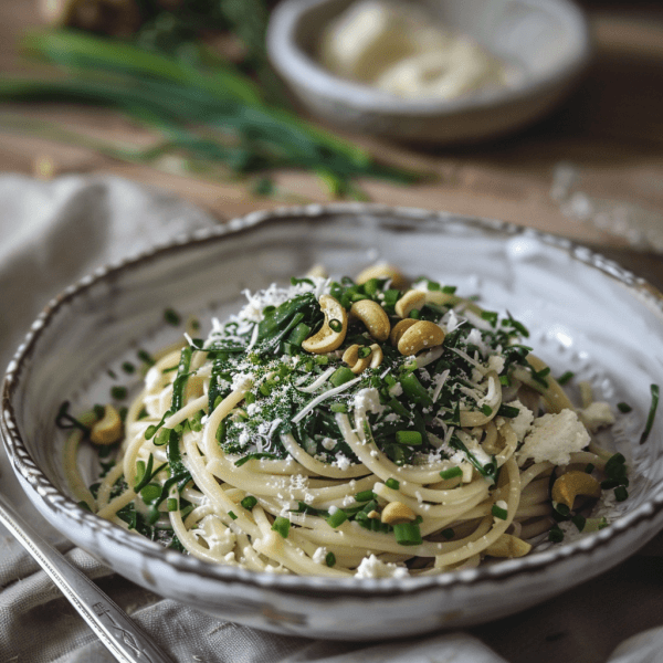 RECEPT: Pažitkové špagety s ricottou a kešu