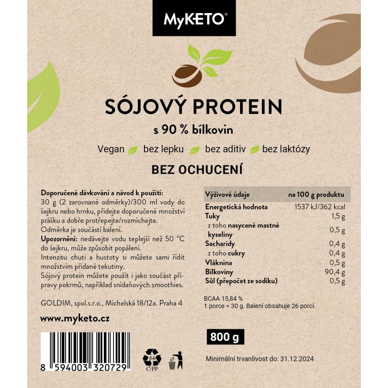 MyKETO Sójový protein izolát 90% bez ochucení 800 g